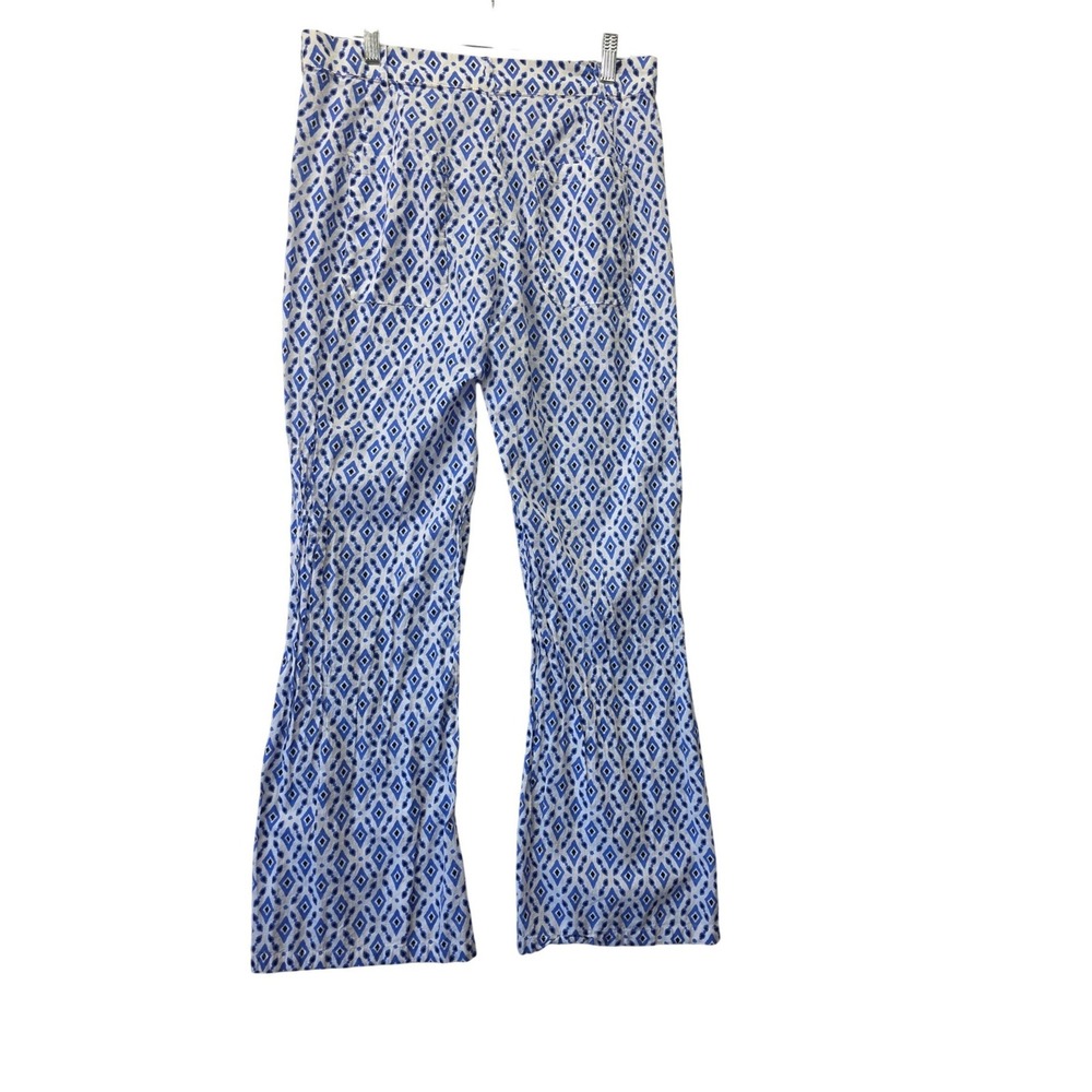 Zara Women Blue White Geometric Diamond Print Wide Leg High Rise Pants Size L - Picture 2 of 7